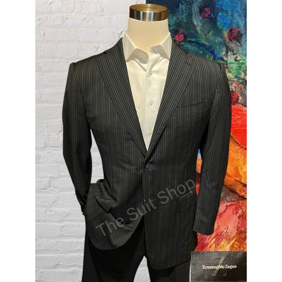 Ermenegildo Zegna 40R Black with Emerald Green Gray Dotted Stripe Blazer - Picture 1 of 16